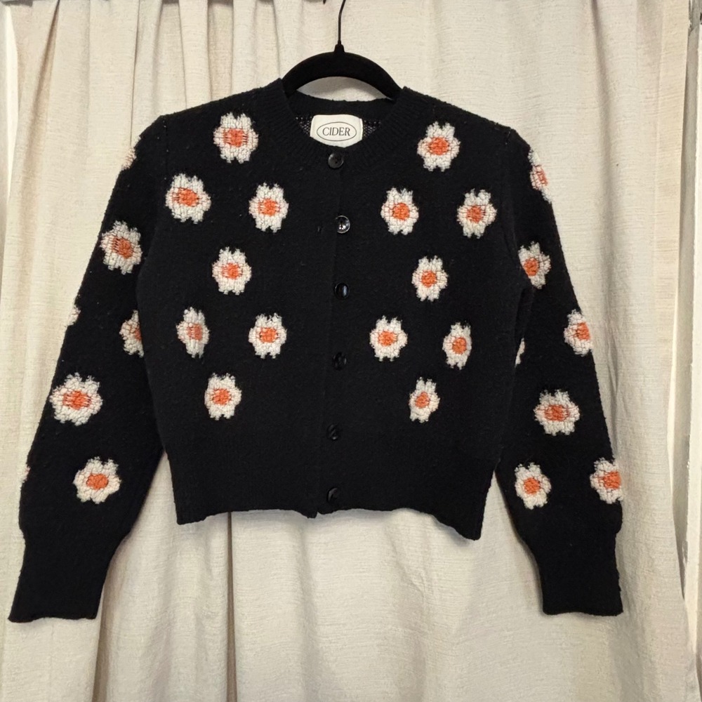 Cider Floral Knit Cardigan Black Orange White Daisy Button Front Sweater